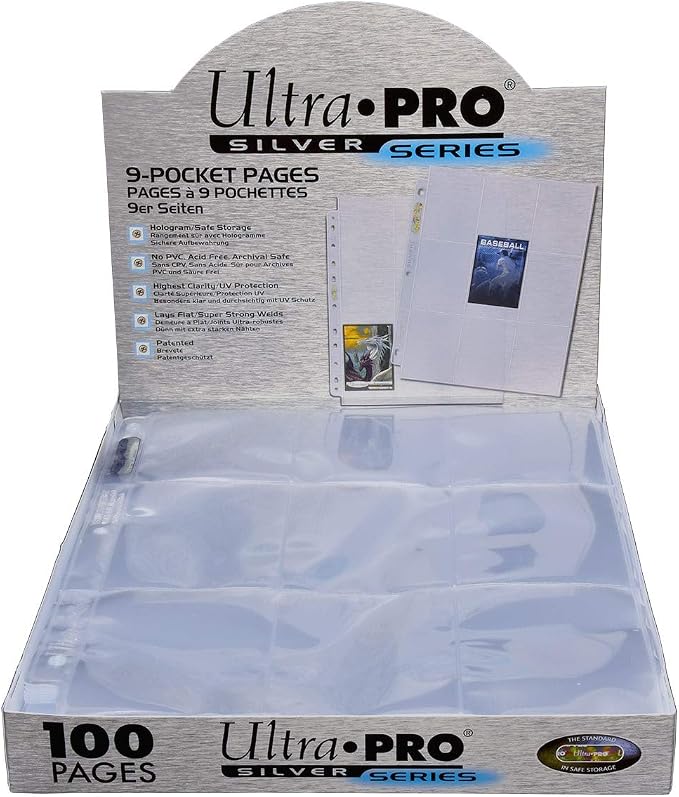 Ultra PRO - 11-Hole Punch 9-Pocket Pages Silver Series, 100 Pages to Store Trading Cards, Baseball cards, Pokemon and Baseball Card Sleeves, Card Protector Sheets for Binders