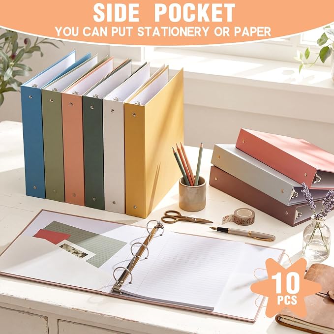 Ctosree 10 Pack Colored 3 Ring Binder with 2 Pockets Hardcover Loose Leaf Binder for Women Men Teacher Student School Office Home Supplies, Fits 11 x 8.5 Size Paper, 10 Colors(1.5'',Vintage Color)