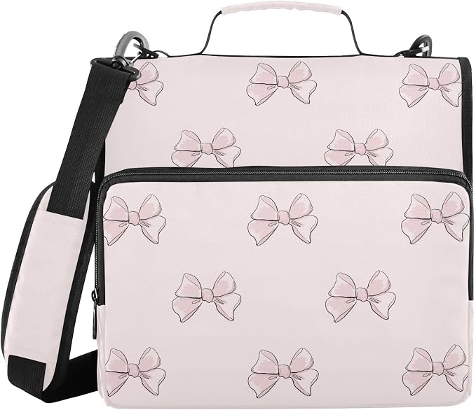 Cute Beautiful Pink Bows Zipper Binder with Shoulder Strap Bag 3 Ring Binder Organizer Large Capacity Multiple Compartments for School Office