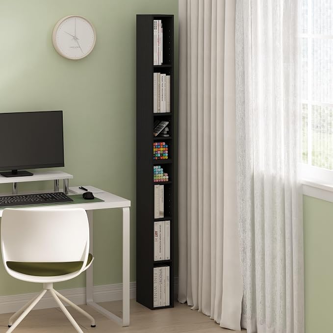 Furinno Fulda Book Shelf, 8-Tier Bookshelf, Bookcase with Space Saving Storage Shelf, 9.2 x 5.9 x 70.9, for Living Room, Bedroom, Home Office, Blackwood