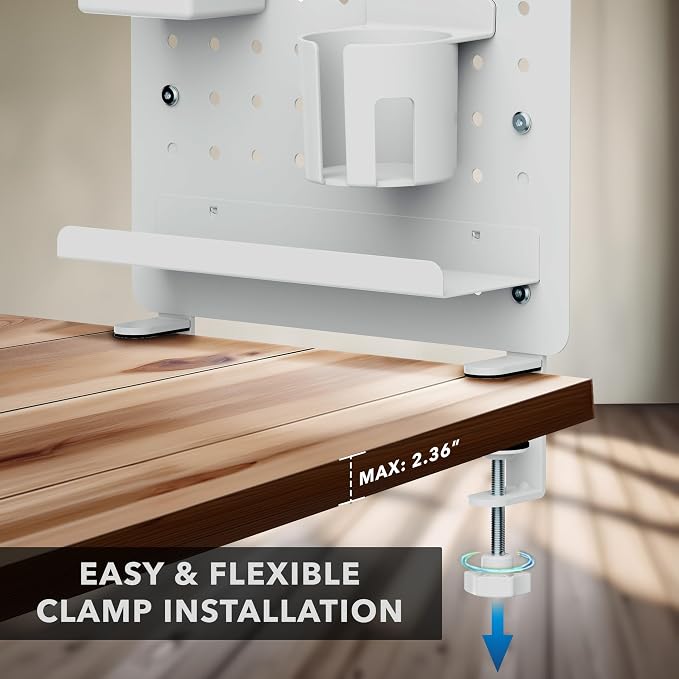 Mount-It! Clamp-On Desk Pegboard Organizer, White | Adaptable desk storage with shelf, cup holder & hooks for home office, gaming & crafting essentials.