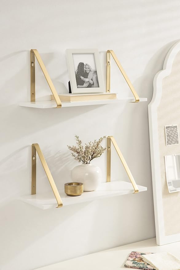 Kate and Laurel Soloman Modern Wooden Shelves, 18 inch, Set of 2, White and Gold, Contemporary Glam Wall Storage and Home Decor