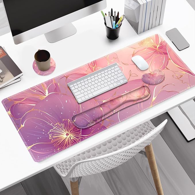 Desk Mat Pad, Gaming Mouse Pad Wrist Support Set, 4 in1 Non-Slip Large Mousepad + Ergonomic Keyboard Wrist Rest+Mouse Wrist Rest+Coaster for Home Office Computer I Pink Purple Gold Floral