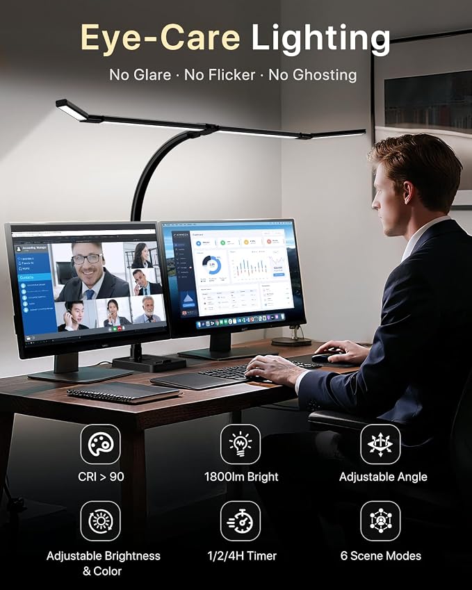 ONEMIX LED Desk Lamp with Base, 42-Inch 4-Panel Light for Dual Monitors | 1800 Lumens, 4 Adjustable Panels, 5 Color Temps, 5 Brightness Levels, Remote, Timer, Flicker-Free for Home Office