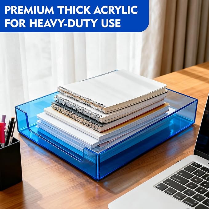 Paper Tray Acrylic File Organizer for Desk Letter Tray Desk Organizer Document Holder Sorter Storage for A4 Office Supplies Magazines, 13.8x10.6x2.4 Inches, Blue