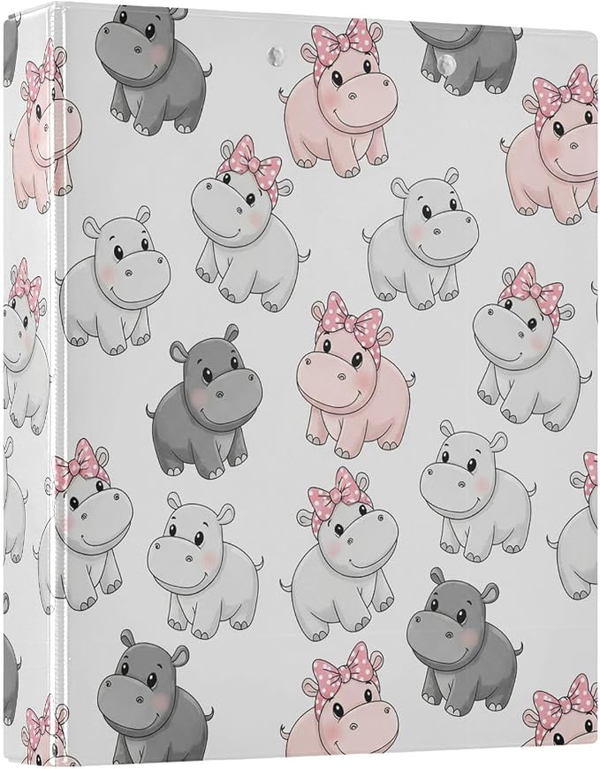 3 Ring Binder 1.5 Inch Hippo Cartoon Three Ring Binder Cute Binder with 3 Storage Pockets for Women School Office Supplies