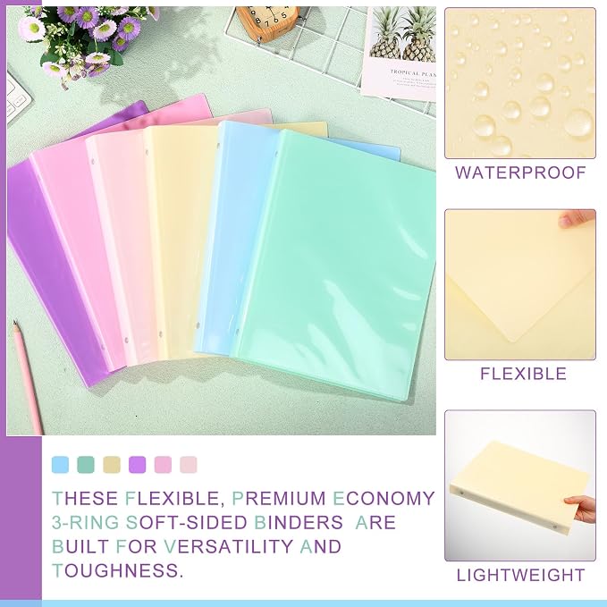 Fulmoon 6 Pack 1 Inch Plastic 3 Ring Binders with Pockets, Pastel Colors | Flexible Covers with Round Rings and Front Pockets for Organizing Papers at School, Office, Meetings and Presentations