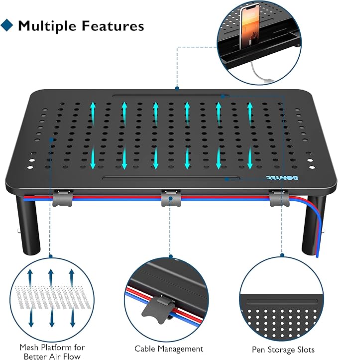 BONTEC 1 Pack Adjustable Monitor Stand Riser with Drawer, Supports 44lbs | Ergonomic Mesh Platform for Desk, Ventilated Laptop and PC Use with Cable Management for a Cooler, Organized Workspace