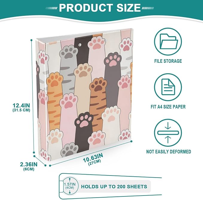 3 Ring Binder Cat Paw Prints 1.5" Round Ring Binders View Binder with 200 Sheet for Kids School Supplies Women Men Office, 1 Pack
