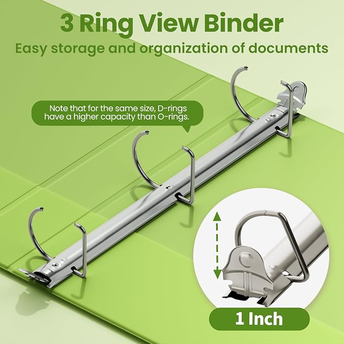 SUNEE 3 Ring Binder 1 Inch D Ring, Clear View Binder Three Ring PVC-Free (Fit 8.5x11 Inches) for School or Office Supplies, Tender Green, 1 Pack