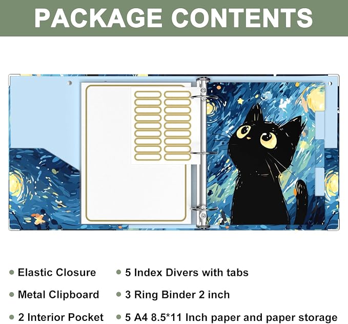 Rouidr 3 Ring Binder, 2 Inch Round Ring Binder Organizer with Clipboard, 5 Dividers Tabs, A4 8.5 x 11 Inch Paper & Clear Sleeves for School, Office Supplies