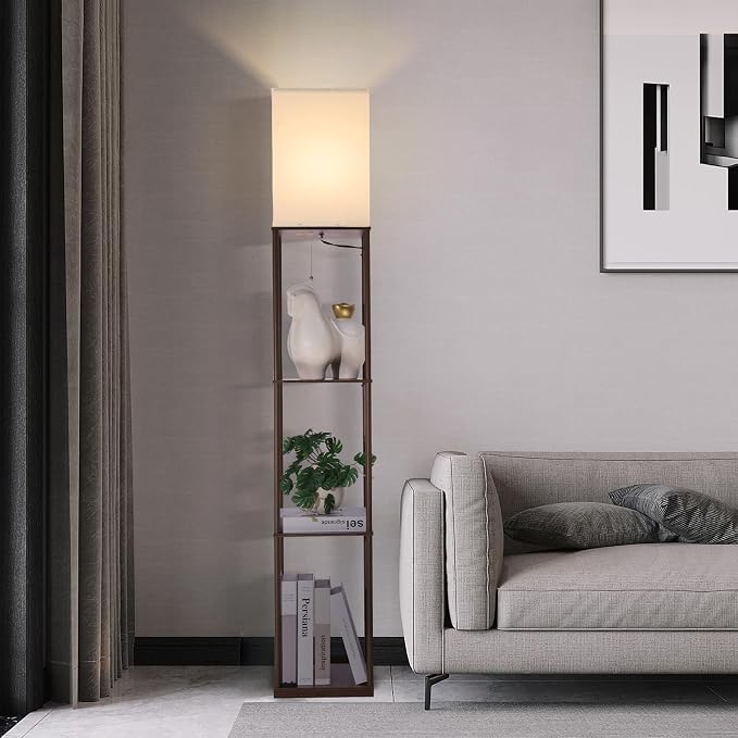 Gupuzm Floor Lamp with Shelves, Modern Square Standing Lamp with 3 Color Temperature Bulb, Corner Display Bookshelf Lamp for Living Room, Bedroom and Office (Brown-9)