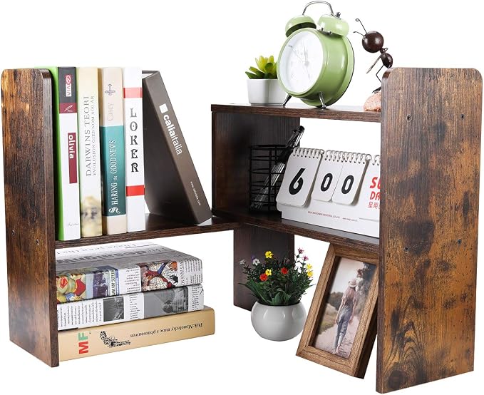 Desk Organizer Desktop Shelf Adjustable Countertop Bookshelf Small Table Shelves Book Organizer Office Organization for Desk, Antique Brown