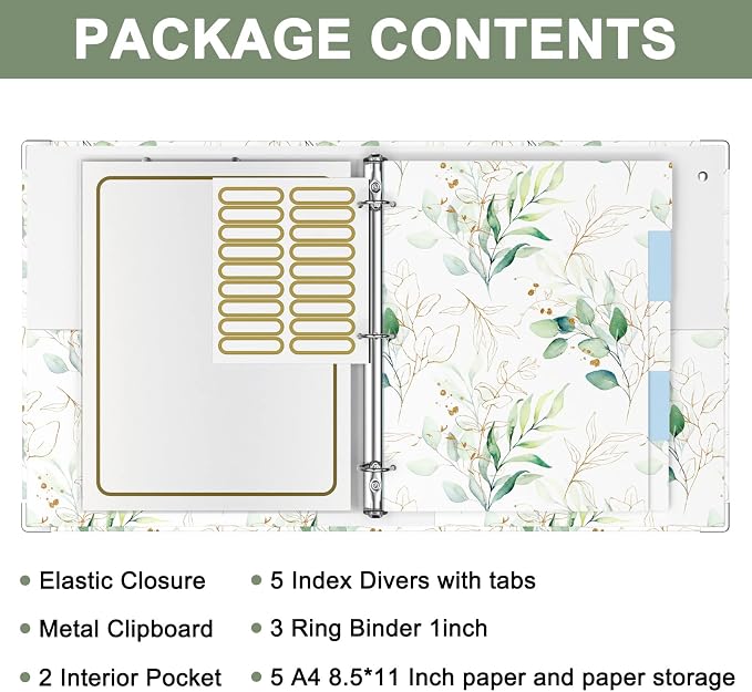 Rouidr 3 Ring Binder with clipboard, 1 inch 8.5 x 11 in Letter Size View Binders Organizer with Dividers Tabs & Clear Sleeves, School Supplies, Office Supplies, Leaves