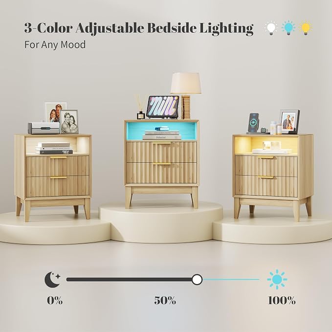20“ W Fluted LED Nightstand with Charging Station, RFID Lock, Wood | Bedside Table with Hidden Drawer, 2 Drawers, Open Cubby, Motion Sensor, USB and Type-C Ports, Night Stand for Bedroom