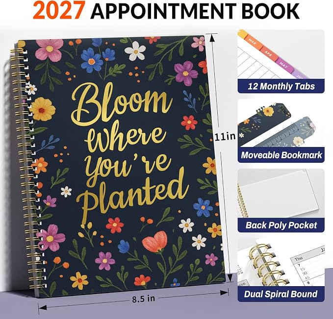 SUNEE 2027 Appointment Book, Quarter-Hourly, Weekly Monthly Planner, 8.5"x11",Navy Flower