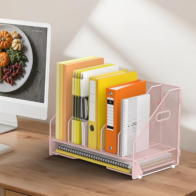 Docnest Mesh Desk File Organizer, 5 Vertical Compartment Box Sorter, Pink | Features 4 removable middle dividers for custom spacing and a bottom letter tray to hold paper, mail, and documents