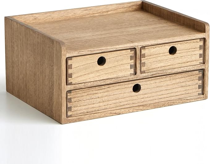 KIRIGEN Wooden Desk Organizer with 3 Drawers and Top Shelf Brown DT2D3C-DBR | 3-Drawer Cabinet with Top Shelf Stores Papers, Office Supplies, Cosmetics, Crafts, and Small Accessories on Desks or Counters