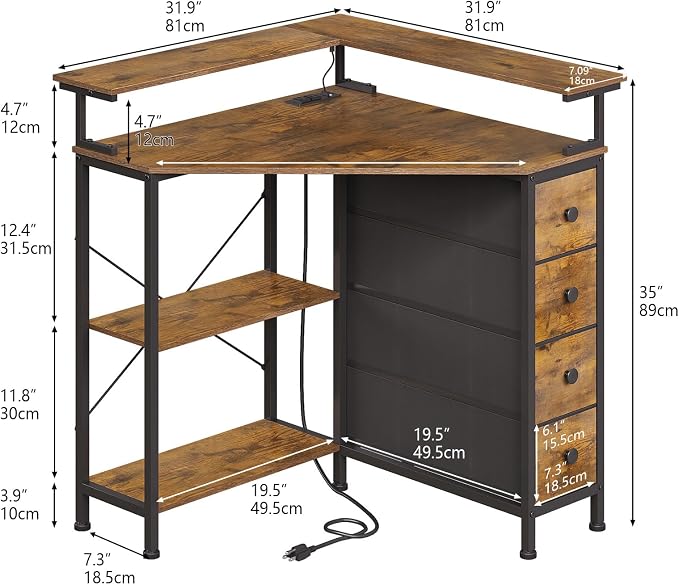 VENNQD Corner Desk with Drawers Shelves for Small Space 90 Degrees Triangle Computer Desk with Power Outlets,Gaming Desk with LED Lights Monitor Stand for Home Office Workstation Writing Table (Brown)