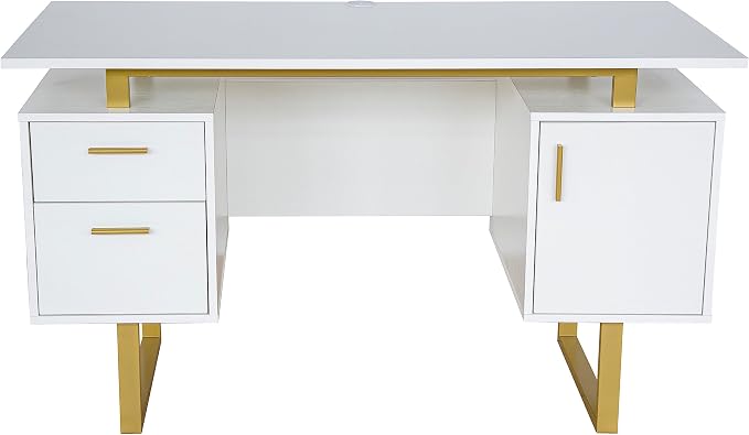Techni Mobili 51"W Computer Desk w/ 2 Drawers & Storage Cabinet, White/Gold | Home office workstation, durable construction, everyday productivity, Ideal for home office, Workspace organization