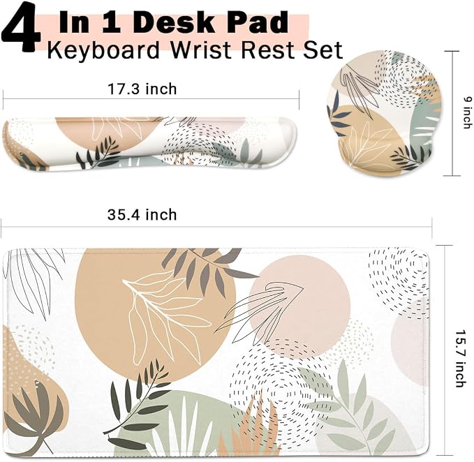 4-in-1 Gaming Mouse Pad Wrist Support Set，Desk Pad + Mouse Pad with Wrist Rest + Keyboard Wrist Rest + Coaster, Ergonomic Design for Home Office Study Game - Plant