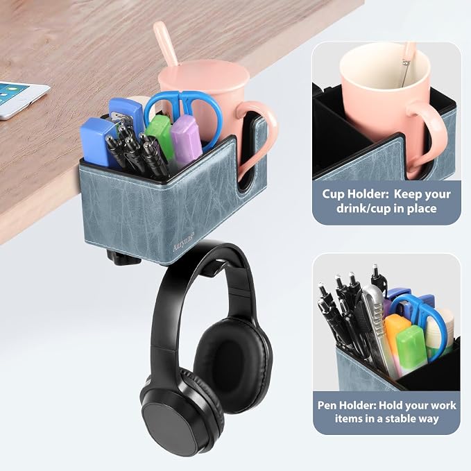 Under Desk Cup Holder Clamp on Cup Holder PU Leather Clip on Desk Organizer | Desk organizer with pencil holder clamp on side, under desk hanging organizer, clip on cup holder desk phone stand holder PU