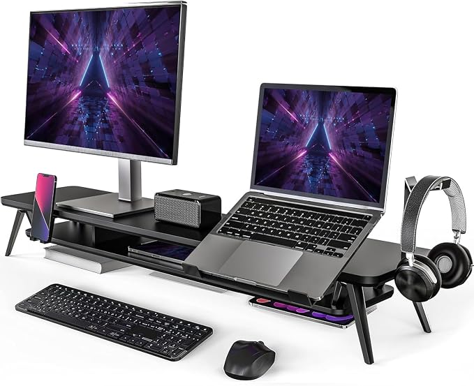 Fenge 42.5-Inch Monitor Stand Riser with Laptop, Phone & Headphone Holders | 10° Adjustable Laptop Holder, 2-Tier Storage, Dual Monitor or Monitor-Laptop Setup, Ideal for Multitasking, Gaming, Streaming