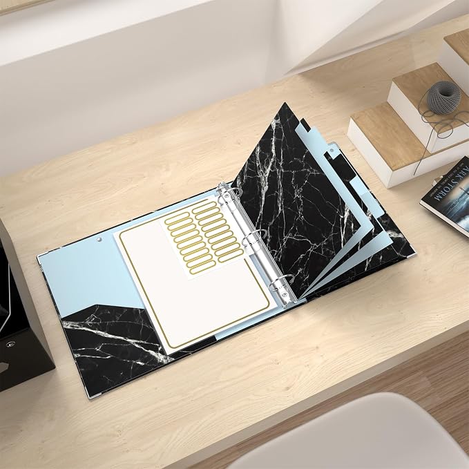Rouidr 3 Ring Binder, 2 Inch Round Ring Binder Organizer with Clipboard, 5 Dividers Tabs, A4 8.5 x 11 Inch Paper & Clear Sleeves for School, Office Supplies, Black Textured Marble