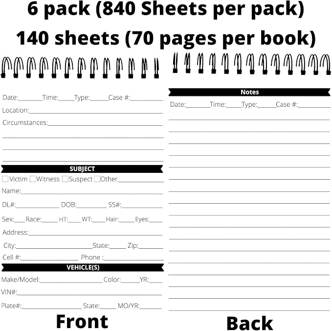 Field Equipt Law Enforcement Incident Report Notepads, Sheriff, Security & Police Gear, EDC Officer Notebook, Cop Gifts, Interview Equipment Accessories Book, 6 Pack (Security)