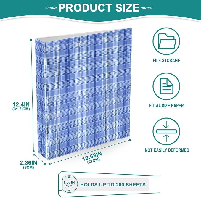 Blue Tartan Pattern 3 Ring Binder 1.5 Inch 1 Pack with 200 Sheet for Kids School Supplies Women Men Office