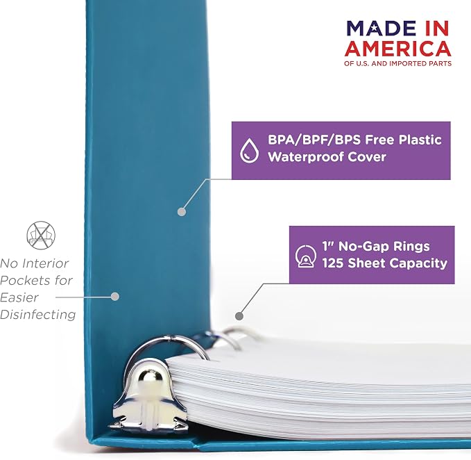 Carstens 1-Inch Heavy Duty 3-Ring Binder - Side Opening, Pool Blue, Durable Plastic, No-Gap Rings, Waterproof Cover, No Pockets, Holds 125 US Letter Sheets, BPA-Free, Made in USA (8714-3R), Case of 18