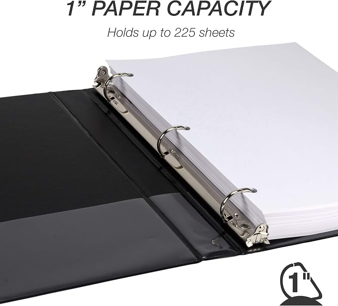 Samsill Durable 1 inch 3 Ring Binder, D Ring Binder, 100% Recycled Chipboard, Black, 4 Pack
