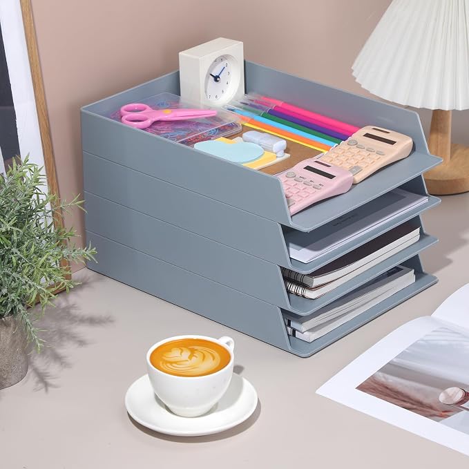 4 Pcs Stackable Paper Trays Rectangular Plastic Desk Holder Desktop Document File Organizer Storage Letter for Office Classroom (Gray)