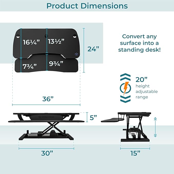 VERSADESK PowerPro™ 36 Inch Electric Standing Desk Converter, Height Adjustable Sit to Stand Up Desk Riser, Laptop and Dual Monitor Desktop Workstation with Wide Keyboard Tray and USB Port, Black