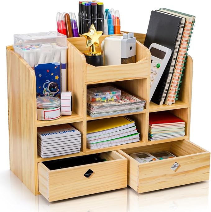 Wooden Desk Organizer with Drawers, 10 Compartments | Countertop Office Supplies Accessories Organization, Multifunctional Storage Box Makeup Storage Shelf Rack for Home, Office