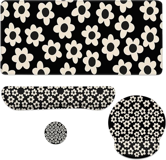 Flowers Mouse Pad Set Minimalist Retro Daisy Gaming Mousepad 4in1 Desk Mat for Desktop Wrist Support Cup Coaster Set Ergonomic Computer Desk Arm Wrist for Decor Home Office