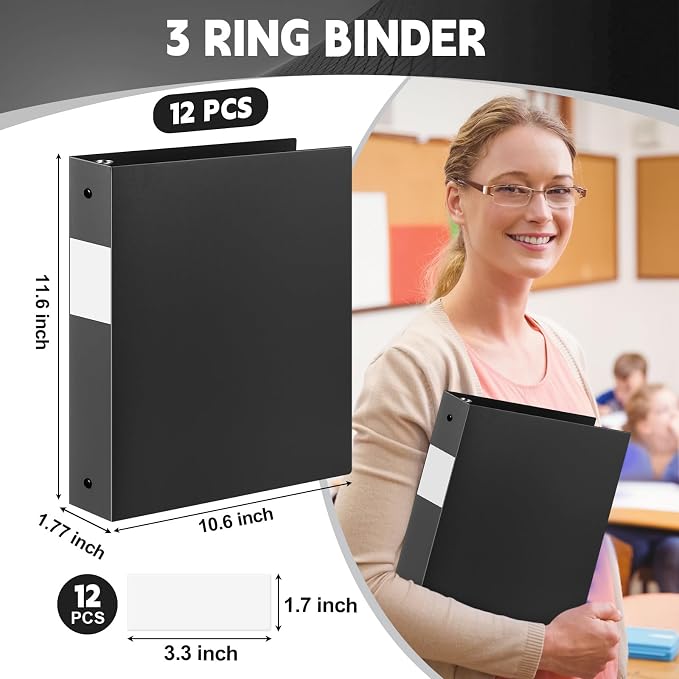 Henoyso 12 Pcs 1.5 Inch 3 Ring Binders, Letter Size,Black | Binders Bulk, Holds 350 Sheets, Round Rings, Durable Flexible PP Plastic Covers, Pockets Labels, School Office Supplies