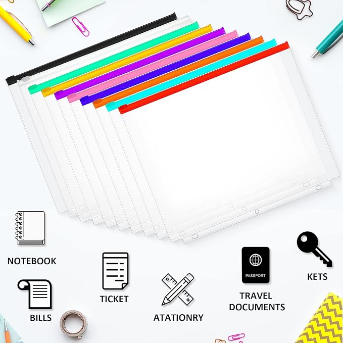Gersoniel 40 Pieces Binder Pockets 3 Hole Zipper Pouch 3 Ring A4 Pockets with Zipper Binder Folders Plastic Pouches Loose Leaf Bags Waterproof PVC Document Filing Bag (Colorful)
