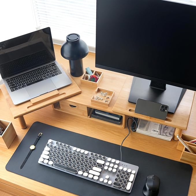 Dual Monitor Stand Riser with Drawer for Desk Laptop | Desk Shelf with Adjustable Length and Angle, Bamboo Computer Stand Riser for 2 or 3 Monitors Screen Laptop PC TV -Natural