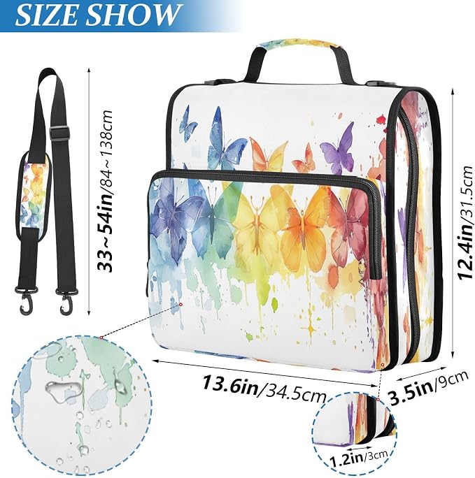 Colorful Butterfly Waterproof Zipper Binder with Shoulder Strap, 3-Ring Trapper Keeper with Lay-Flat Design and Multiple Compartments for School & Office, Adults & Kids