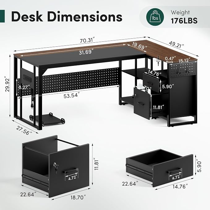 MALOL 70.3" Reversible L-Shaped Office Desk with Power Outlet Computer Desk | Large Executive Desk with Locked File Drawers & Storage Shelves, Pegboard, Mobile CPU Stand, Modern Corner Desk, Walnut