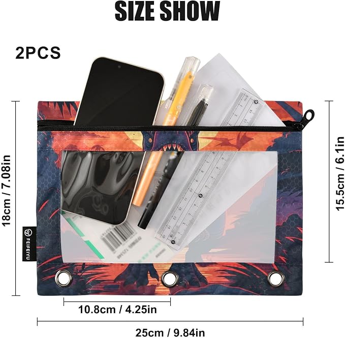 Dinosaur Pencil Pouch for 3 Ring Binder, 2 Pack Waterproof Pencil Bags Clear Window Zipper School Office Supplies