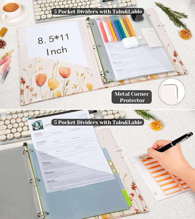 3 Ring 1 Inch Binder Organizer, BVSSX Three Ring Binders with Clipboard, 5-Tabs Pockets Dividers, Plastic Folder, 18 Divider Stikers,Pen Loop (Weeds, Letter Size)