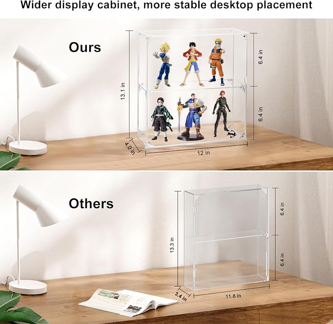 Acrylic Display Case, 2 Tier Clear Display Case for Funko Pop Figures, Wall Mounted or Desktop Dustproof Display Cabinet Box for Collectibles Action Figures Lego Models Mini Toys (12x4x13.1 inch)