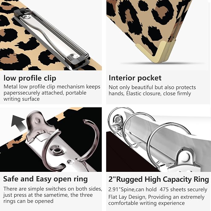 3 Ring Binder 2 Inch Round Ring Binder with 6 Tab Dividers，2 Interior Pockets，Cute Binder Clipboard with Storage, for School Office, Portfolio(Cheetah Spots)