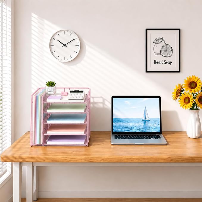 Desk Organizer, 5-Tier Paper Organizer Letter Tray, Pink | Desk Organizers and Accessories, Office Desk Accessories & Workspace Organizers, Desktop File Organizer for Office Supplies