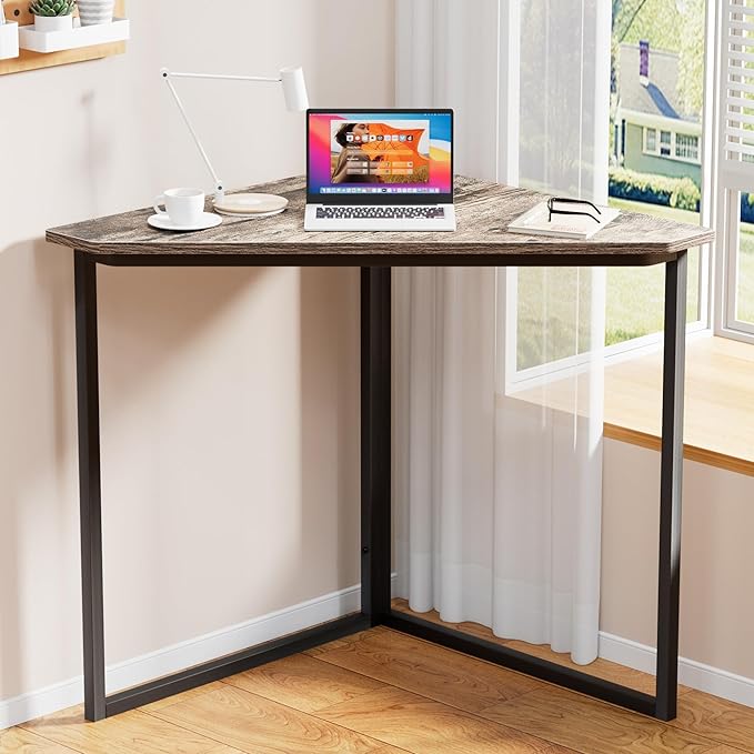 VECELO Corner Desk,Office Tables for Living Room for Small Space Triangle Computer Desk with Steel Frame Corner Shelves with Metal Frame Writing Desk for Workstation Classic Grey 30.5"