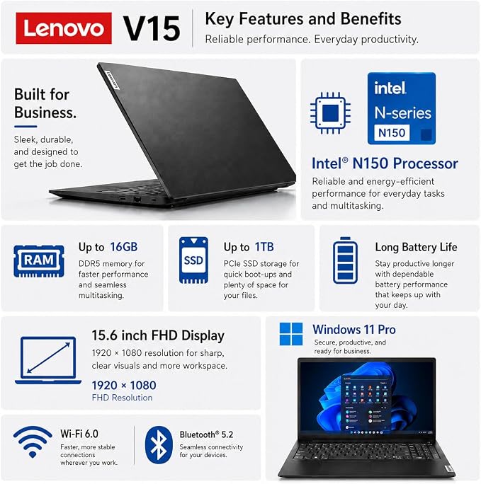 Lenovo V15 Business Laptop, Intel N150 Quad-Core Processor, 15.6" FHD Display, 16GB DDR5 RAM, 256GB NVMe SSD, Wi-Fi 6, Ethernet RJ-45, Dolby Audio, Windows 11 Pro, Business Black