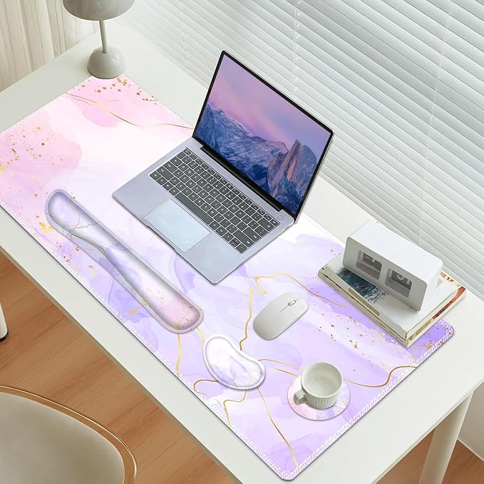 Large Gaming Mouse Pad Set, 4 in 1 Extended Keyboard Desk Mat with Wrist Rest, PC Computer Game Mousepad Set, Non-Slip Desk Pad Easy Typing Pain Relief for Home Office I Pink Purple Marble