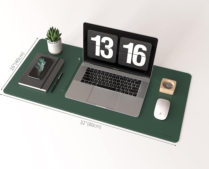 RENMTURE Dual-Sided Mouse Pad, Natural Cork & PU Leather Large Desk Pad for Office and Home Work, Desk Protector Non-Slip, Waterproof, Easy Clean (Dark Green, 32"x16")